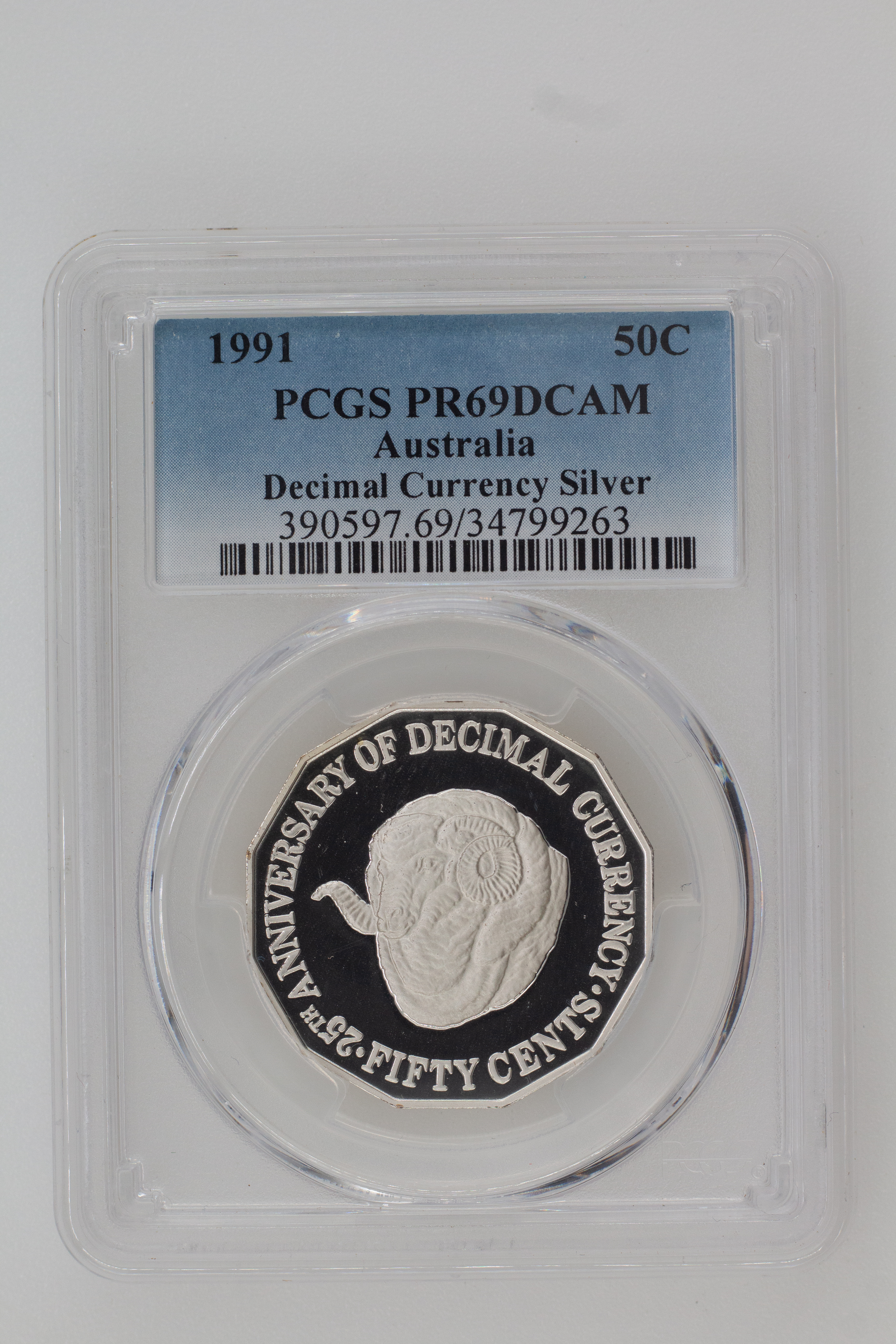 1991 Australia Fifty Cent, 50c Silver 25th Anniversary Decimal Currency Silver PCGS - PR69DCAM -263