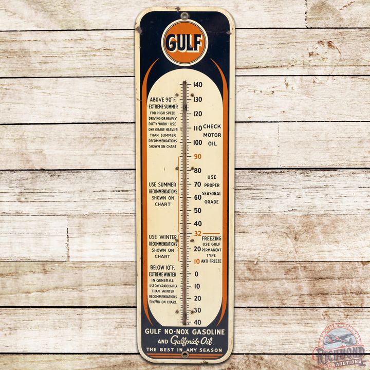 Gulf No-Nox Gasoline & Gulfpride Oil SST Thermometer Sign - 7.5