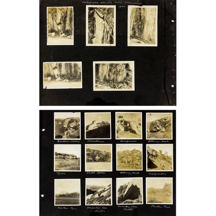 Thirteen single-sided black album pages of various landscape and closeup images of Māori rock art