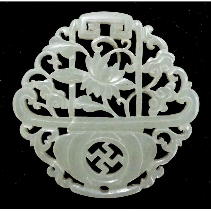 Chinese Qing Jade Lotus Basket Pendant