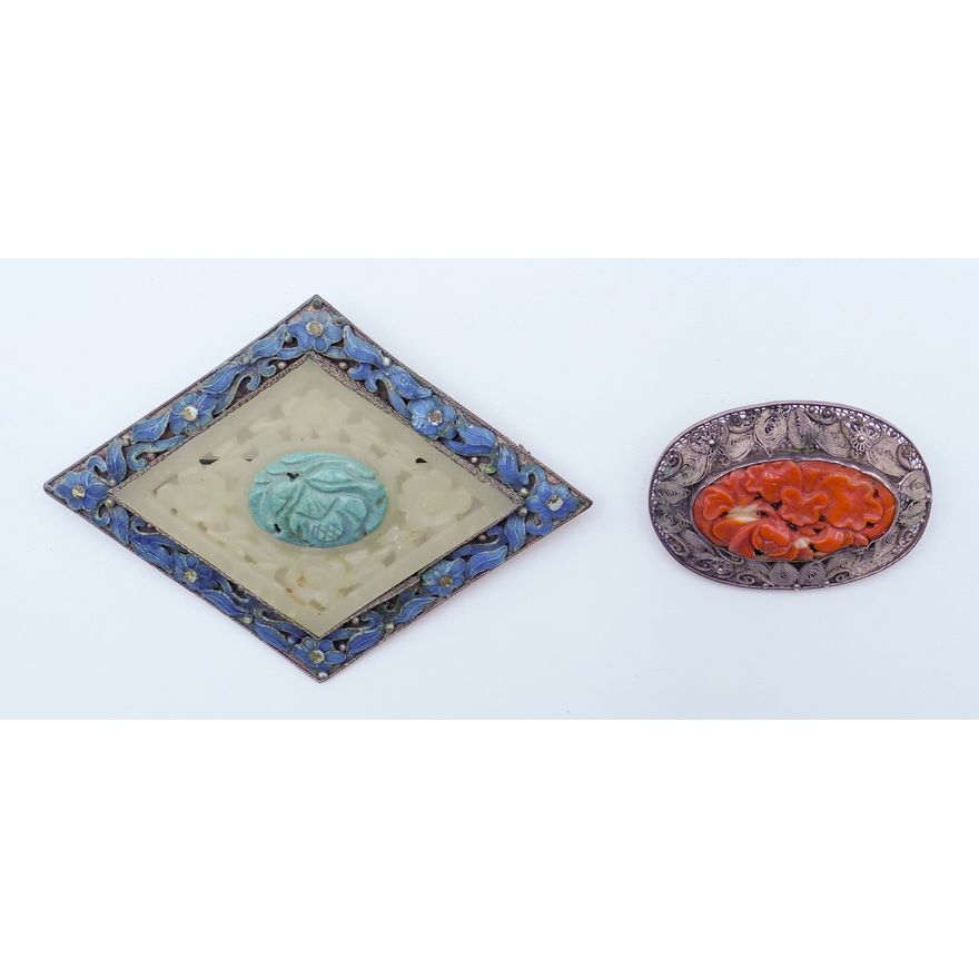 Box 2pc Old Chinese Silver Filigree Brooches 2'' to 3.75''