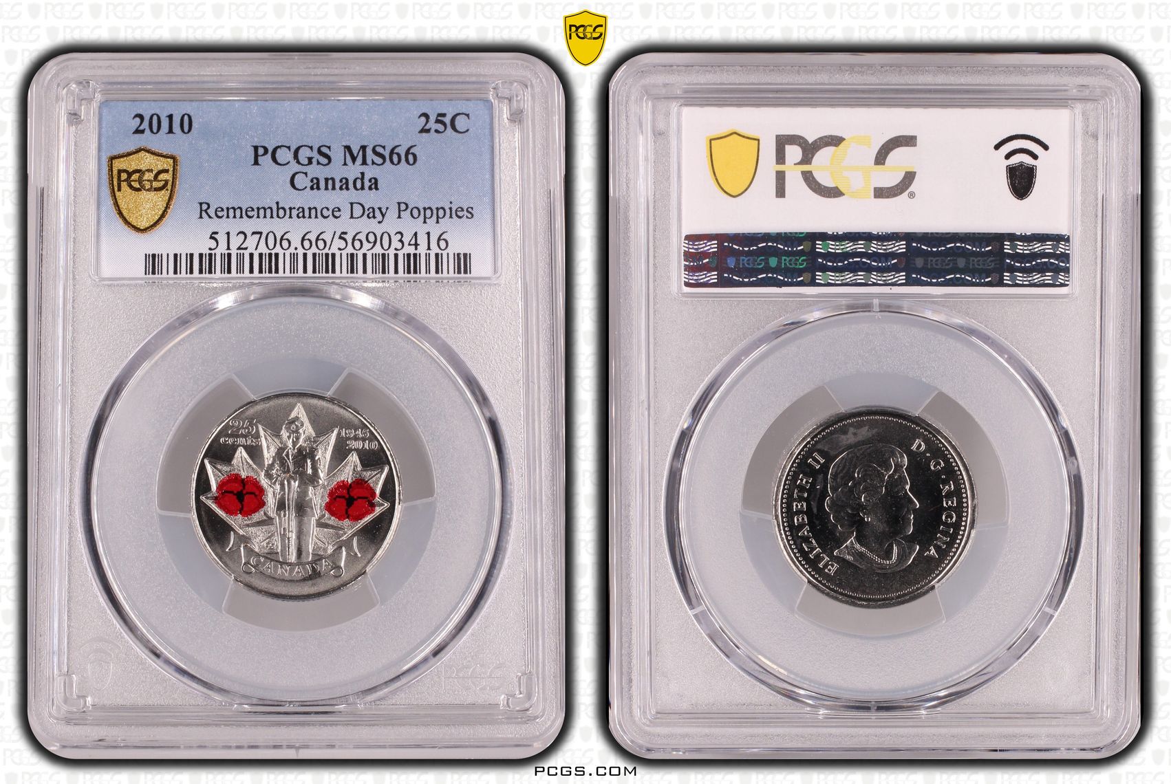 223 · Canada, Remembrance Day Poppies, Twenty Five Cent, 2010, PCGS MS66