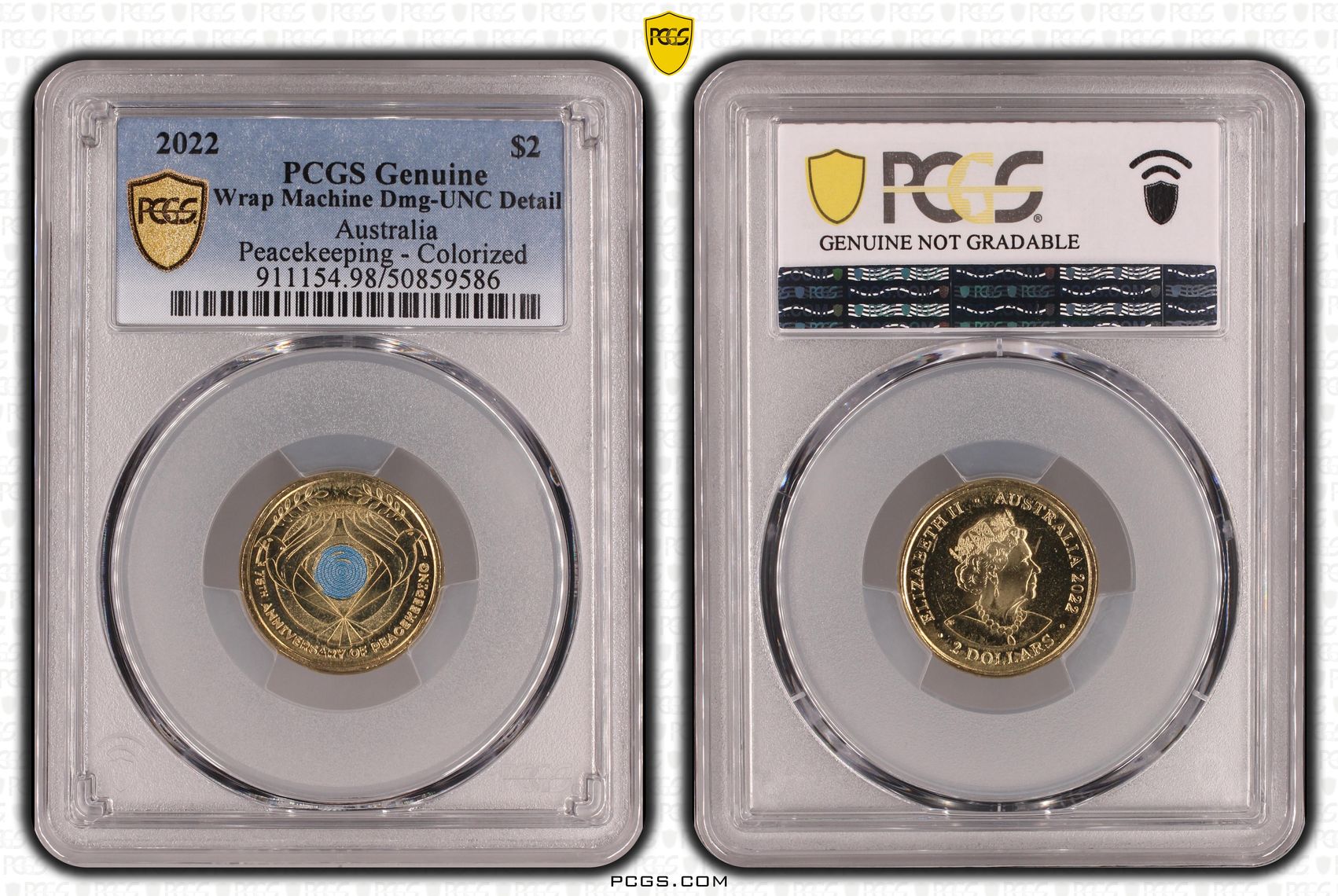 Peacekeeping - Colorized, Two Dollar, 2022, PCGS Genuine - UNC Details (98 - Damage)
