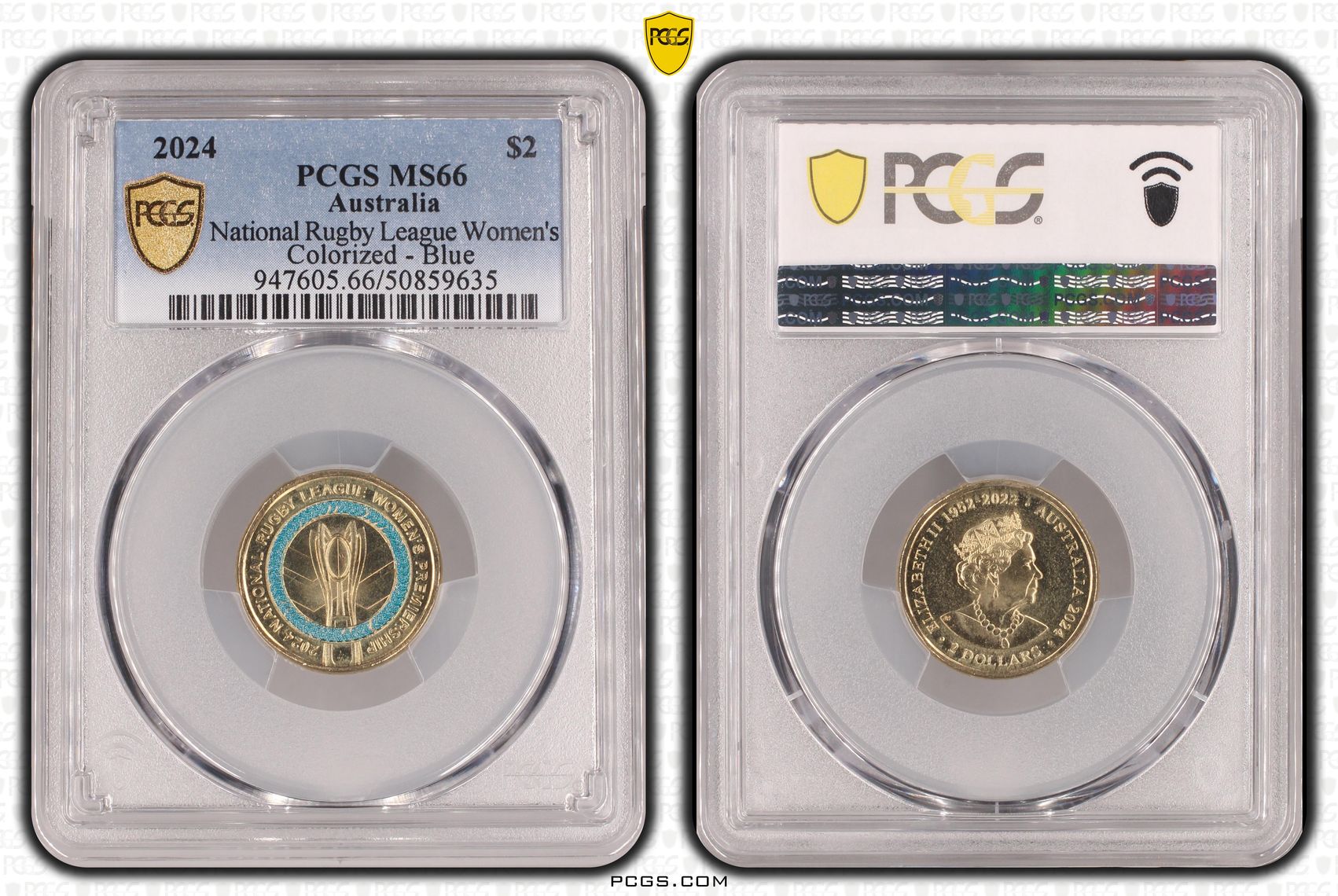 National Rugby League Women's Colorized - Blue, Two Dollar, 2024, PCGS MS66