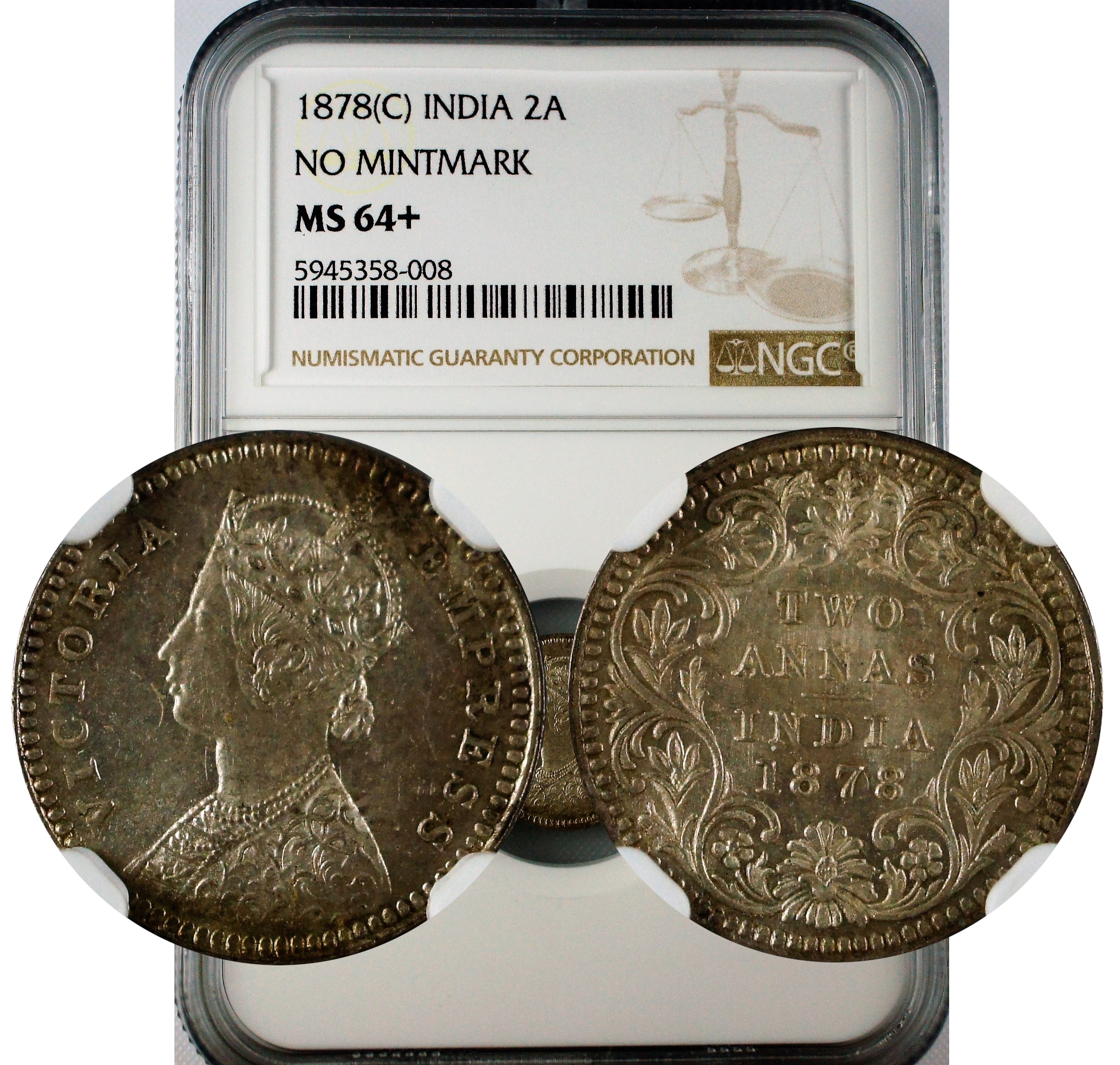 India 1878 C 2 Anna NGC MS64+