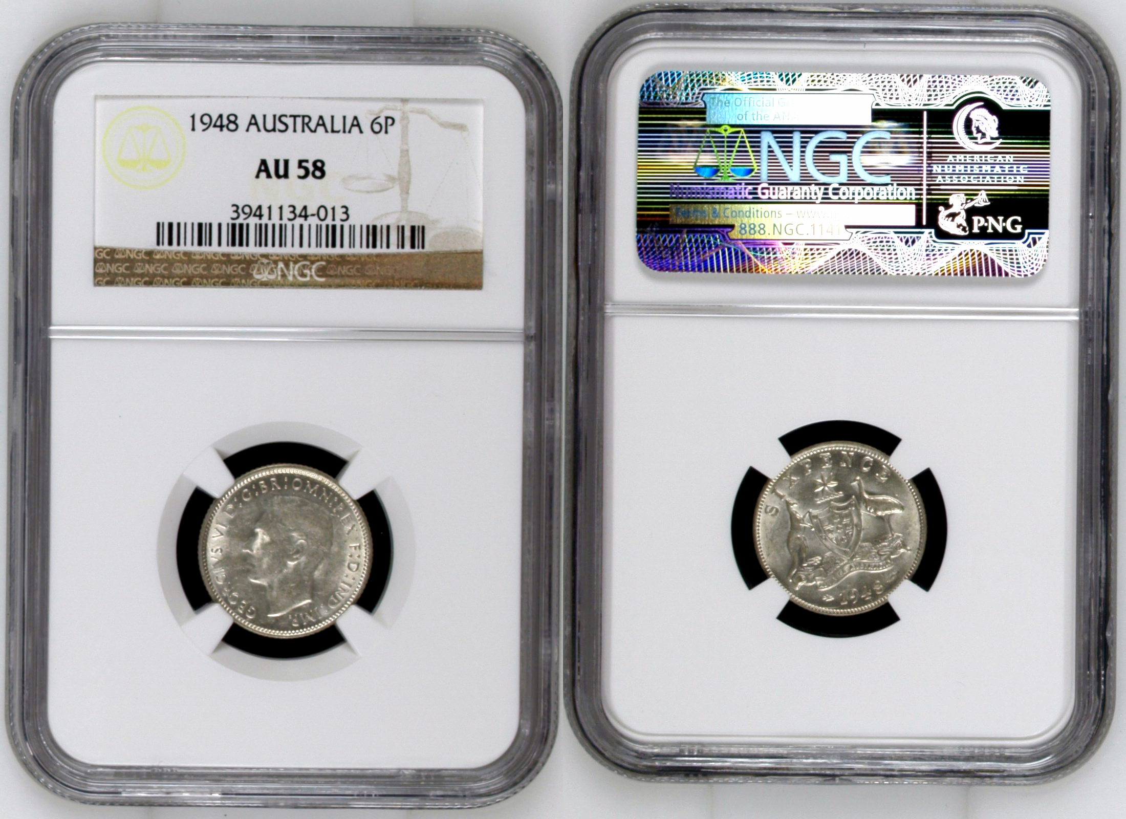 124 · Sixpence, 1948, NGC AU 58