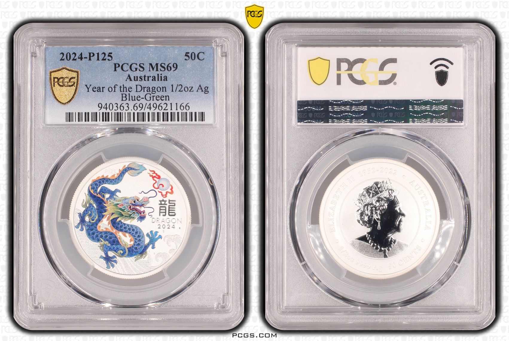 Year of the Dragon 1/2oz Ag Blue-Green , Fifty Cent, 2024-P125, PCGS MS69