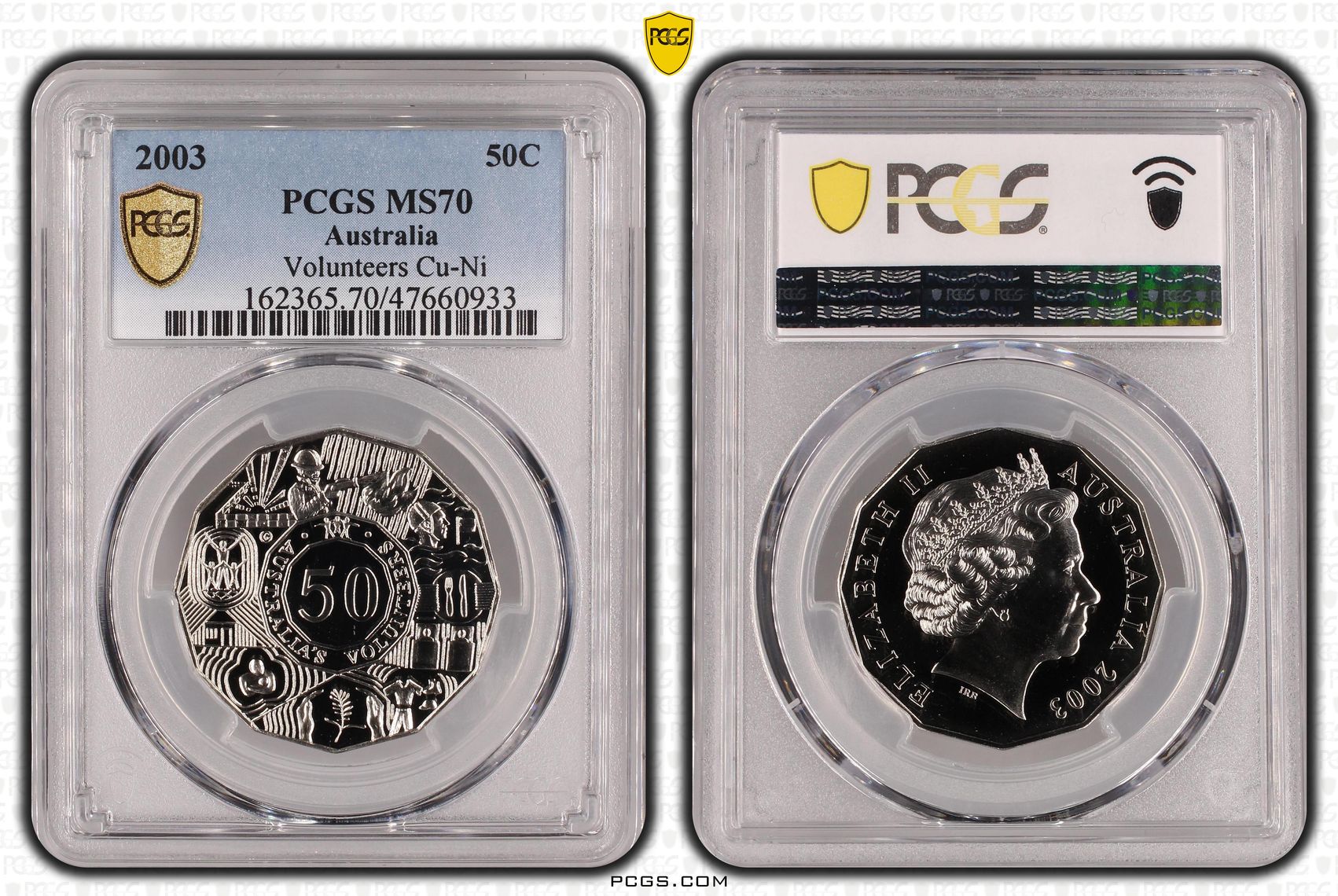 155 · Elizabeth II, Volunteers Cu-Ni, Pop 10/0, Fifty Cent, 2003, PCGS MS70