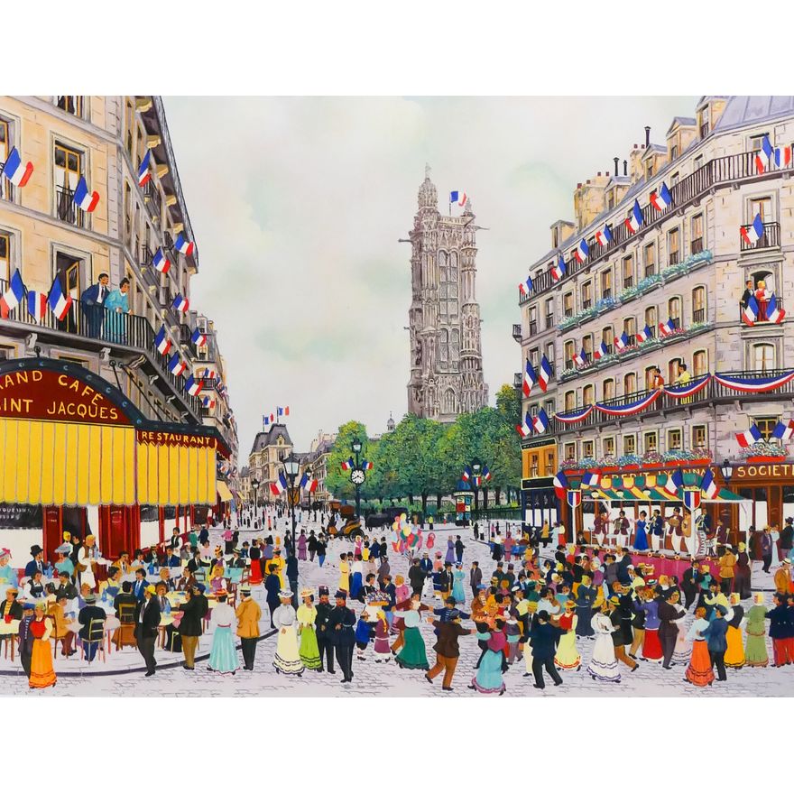 Michel Hermel 'Bastille Day' S/N Serigraph. Edition 277/450. Image measures 17x22'' with overall framed dimensions of 29x32''.