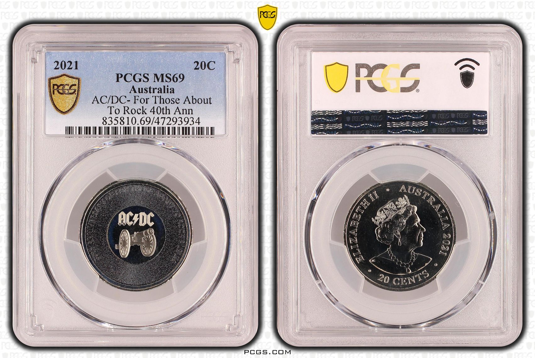 Elizabeth II, AC/DC- For Those About To Rock, Twenty Cent, 2021, PCGS MS69