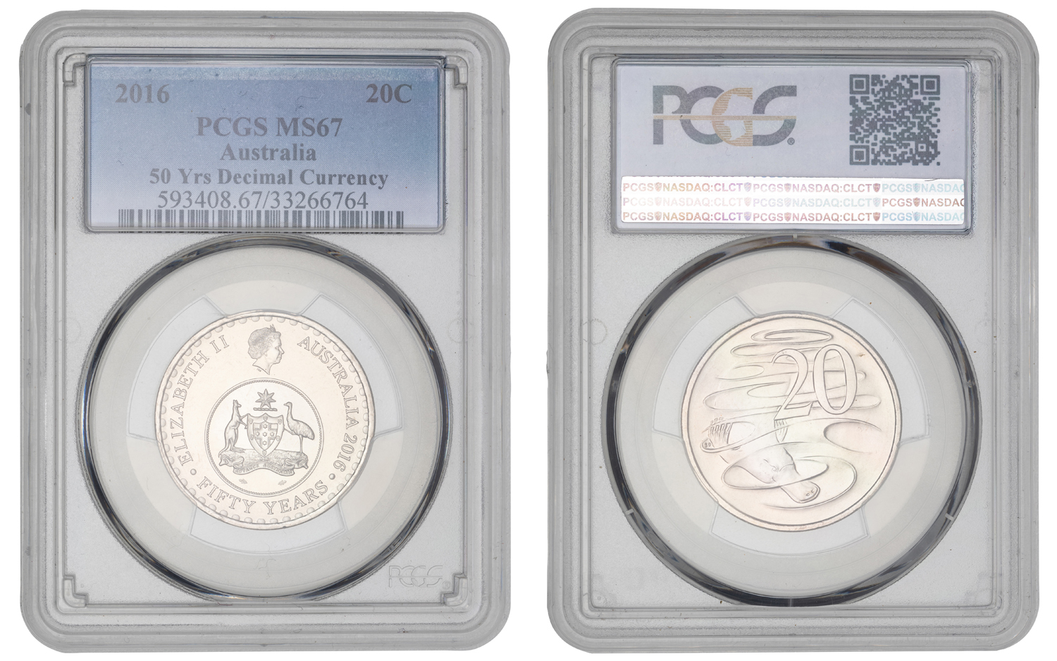 Elizabeth II, 50 Yrs Decimal Currency, Twenty Cent, 2016, PCGS MS67