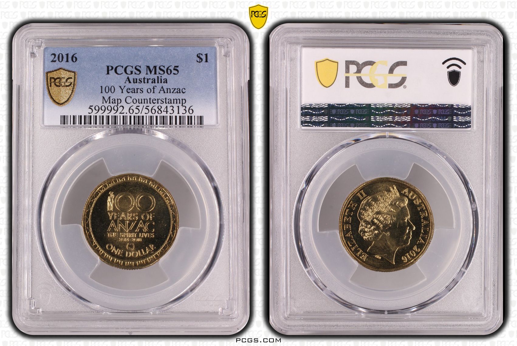 100 Years of Anzac Map Counterstamp, One Dollar, 2016, MS65
