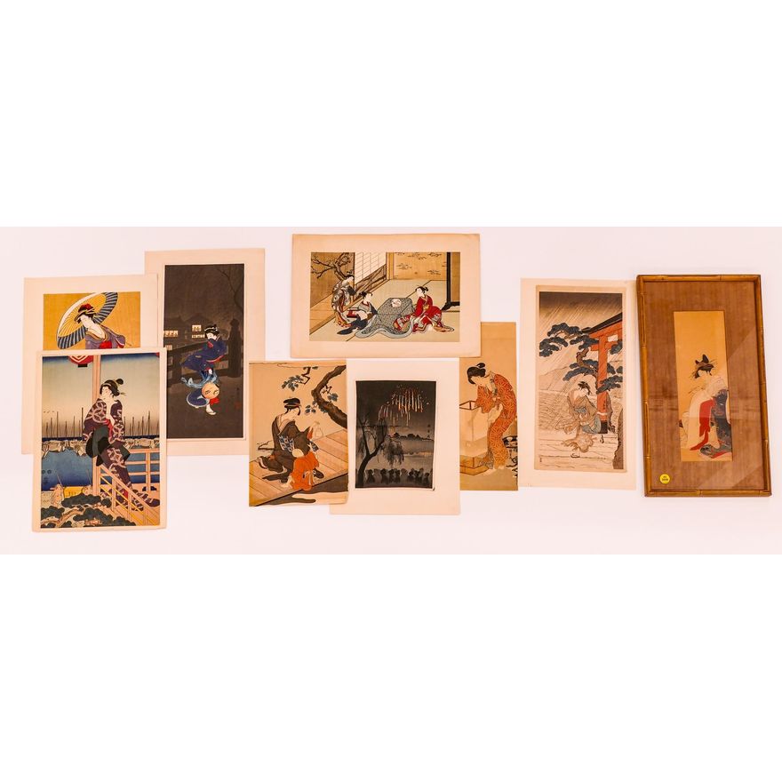 9pc Old Japanese Woodblock Prints Loose & Framed- largest 18x9.5''