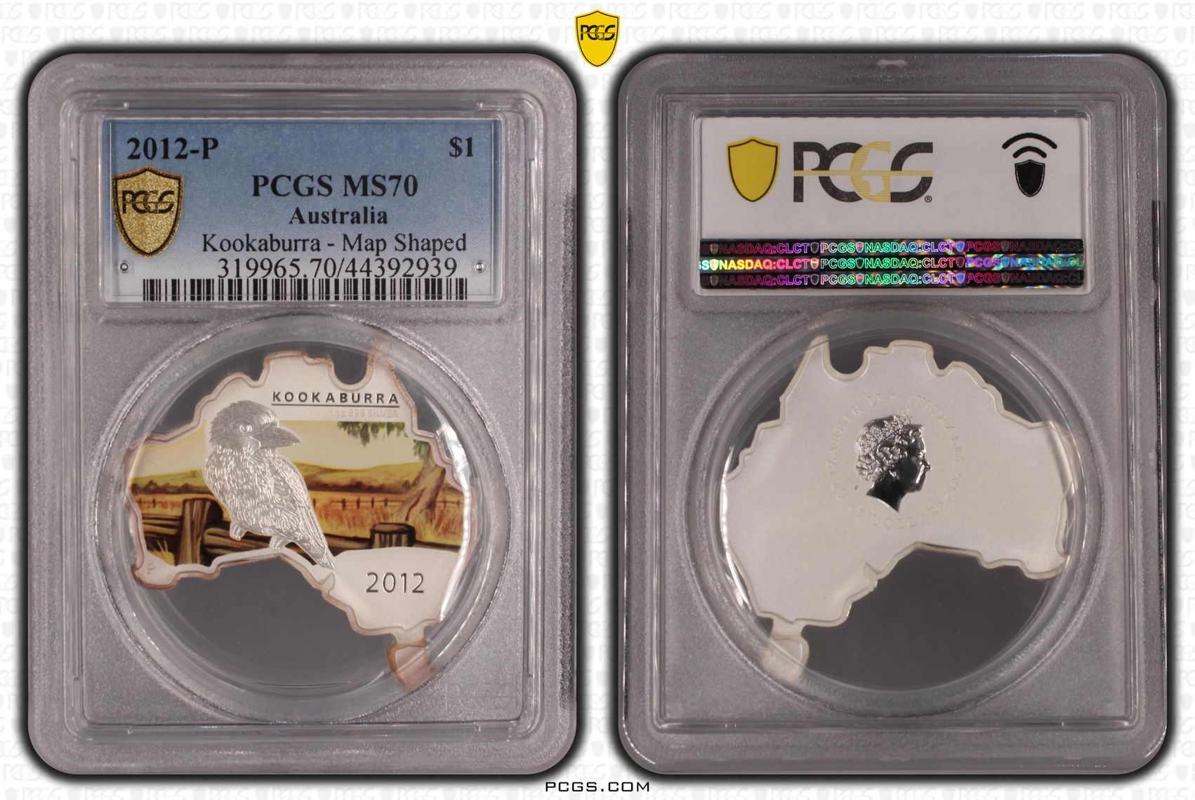 2012-P Australia One Dollar, $1 99.9% Silver Kookaburra - Map Shaped PCGS - MS70 POP 2/0 -939