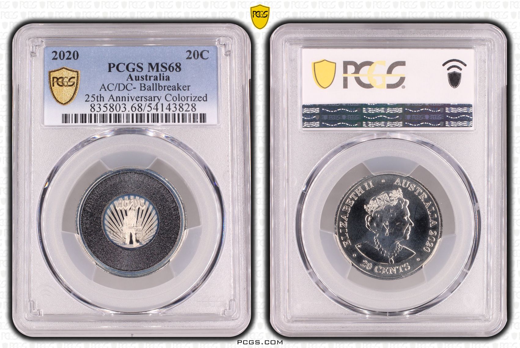 AC/DC- Ballbreaker 25th Anniversary Colourised, Twenty Cent, 2020, PCGS MS68