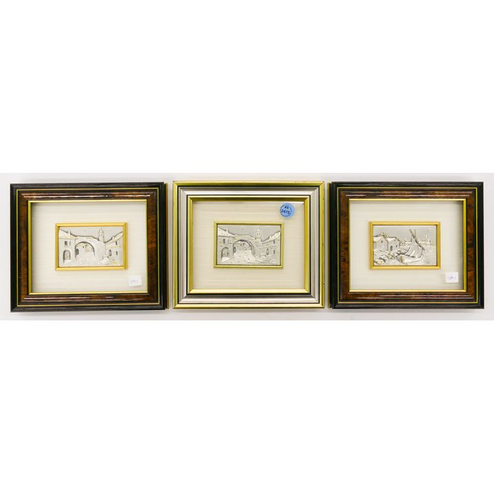 3pc Alliani Sterling Clad Town Scene Plaques Framed 6.5'' x 7.5''