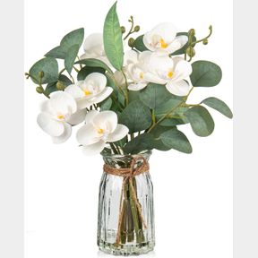 WHITE ORCHIDS ARTIFICIAL FLOWERS WITH VASE FAKE FLOWERS IN VASE ARTIFICIAL EUCALYPTUS STEMS IN GLASS VASE WITH FAUX WATER FAUX ORC