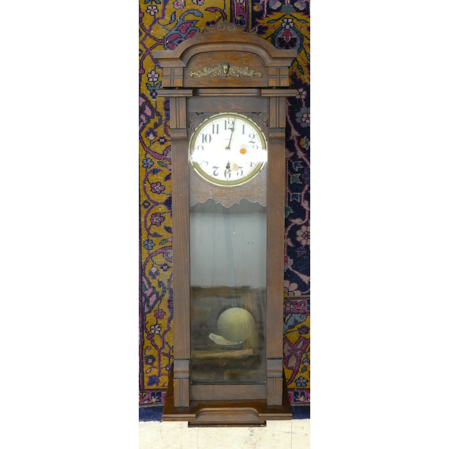 Antique New Haven Oak Cased Wall Clock 48''x14''