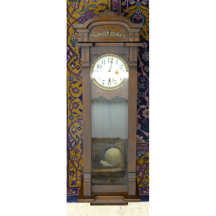 Antique New Haven Oak Cased Wall Clock 48''x14''