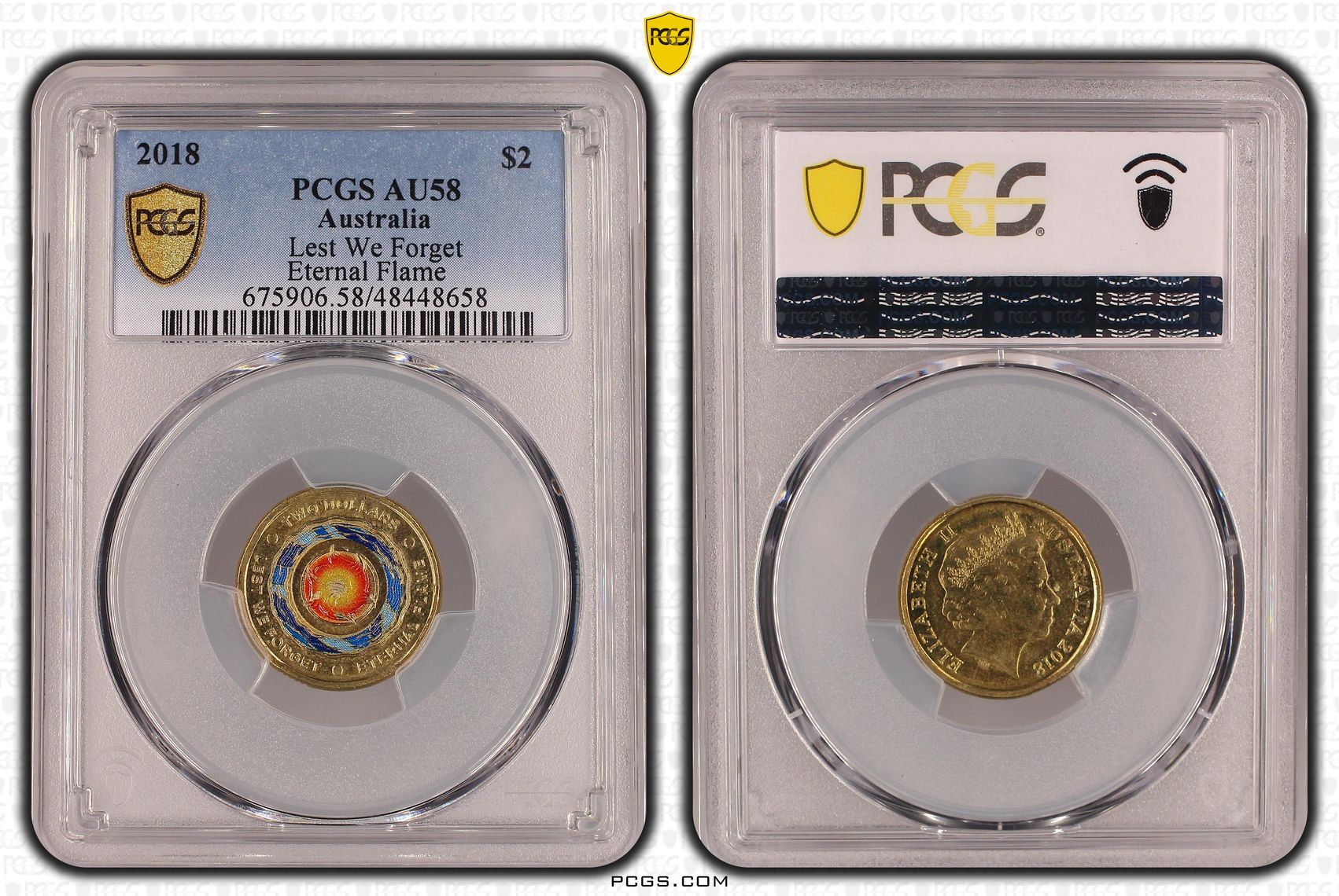 Elizabeth II, Lest We Forget - Eternal Flame, Two Dollar, 2018, PCGS AU58
