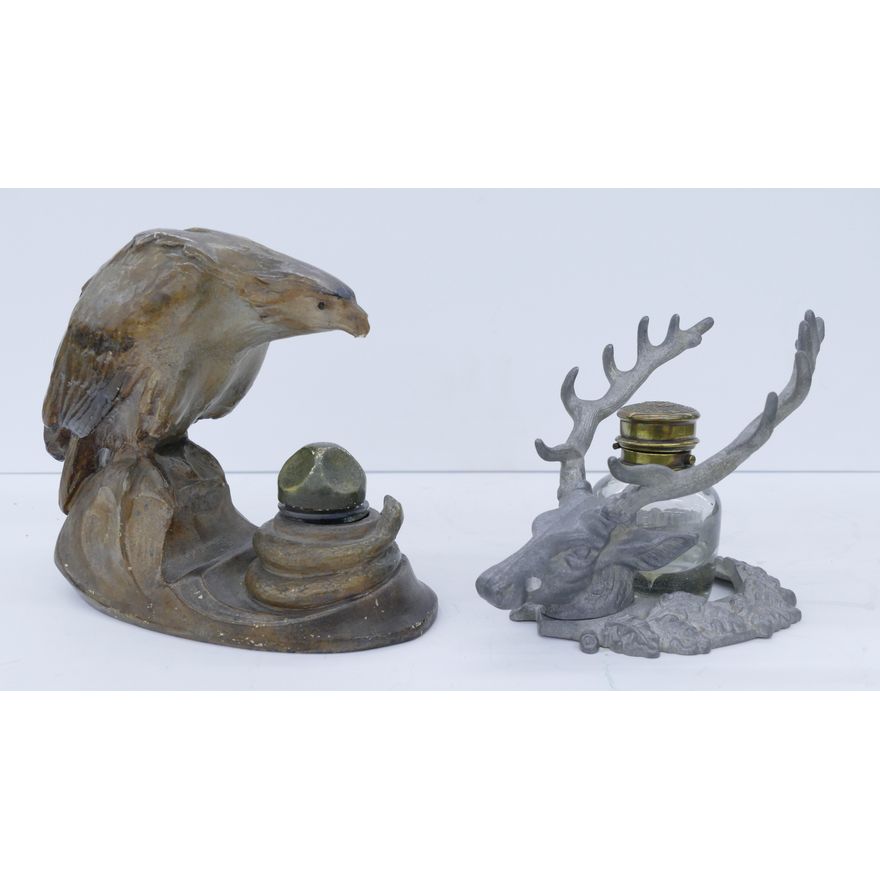 2pc Old Figural Eagle & Elk Inkwells - some damage- largest 6.5''
