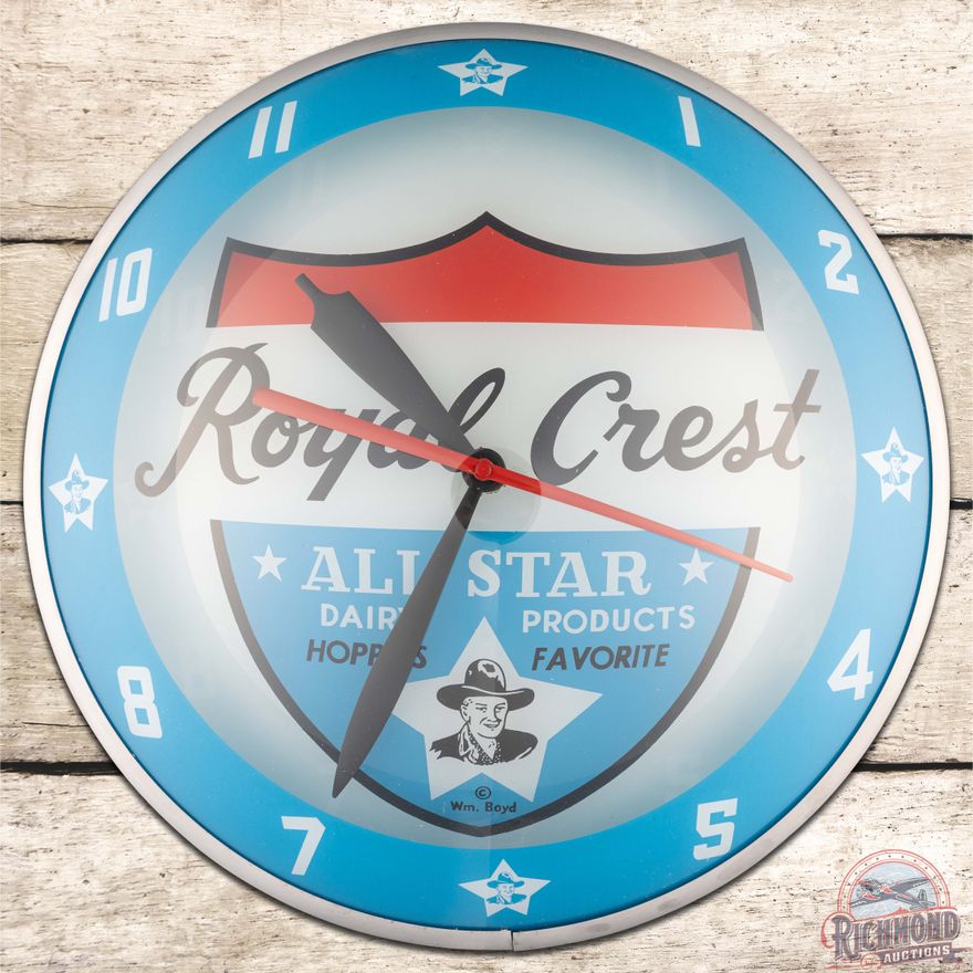 Royal Crest All Star Dairy Products 15" Double Bubble Advertising Clock w/ Hopalong Cassidy