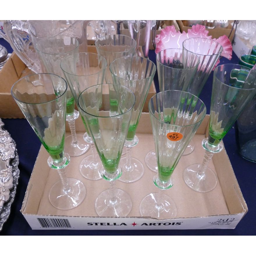 Set 10pc Art Glass Green Champagne Flutes