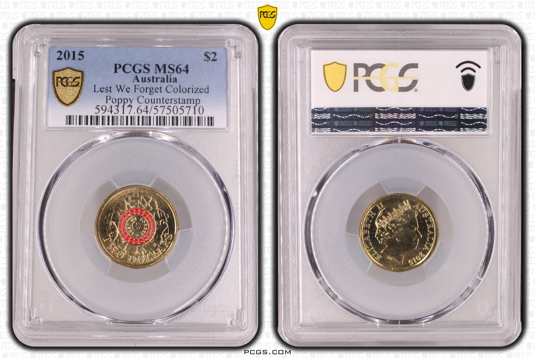 Lest We Forget Colourised Poppy Counterstamp, Two Dollar, 2015, PCGS MS64