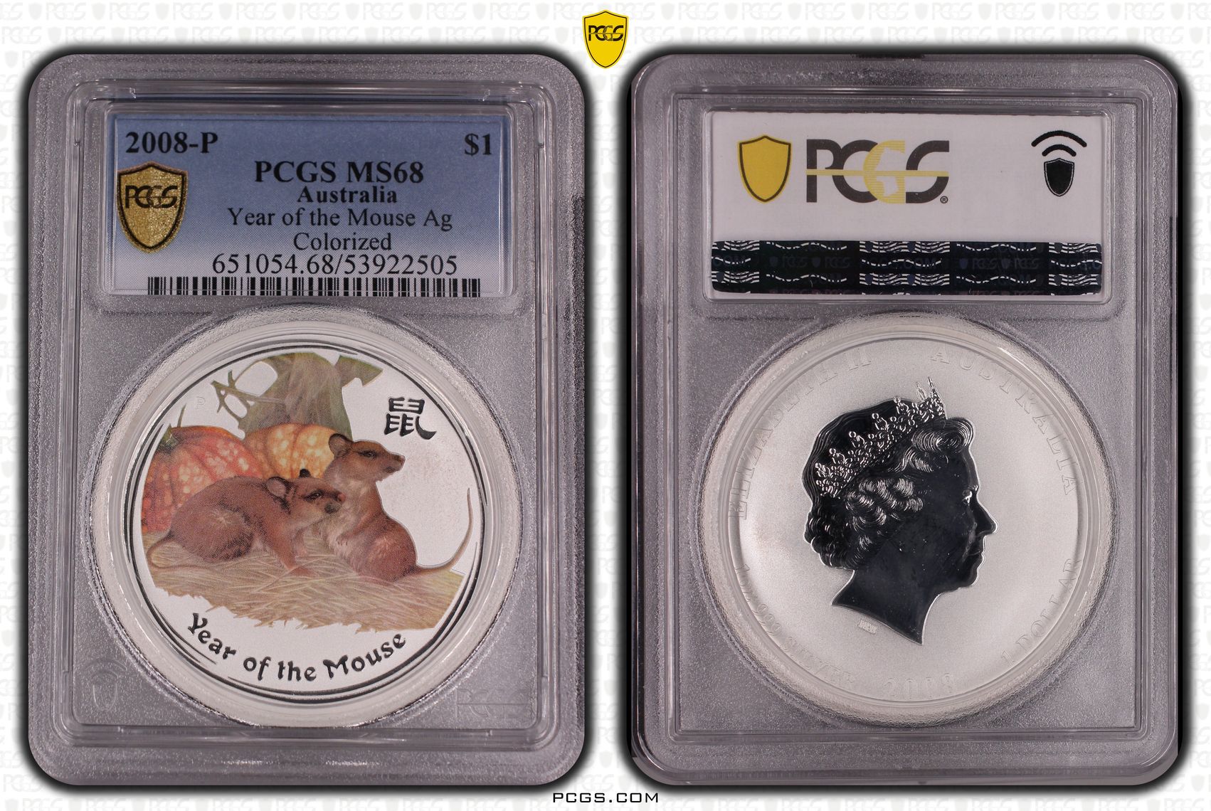 Year of the Mouse Silver Colourised, One Dollar, 2008-P, PCGS MS68