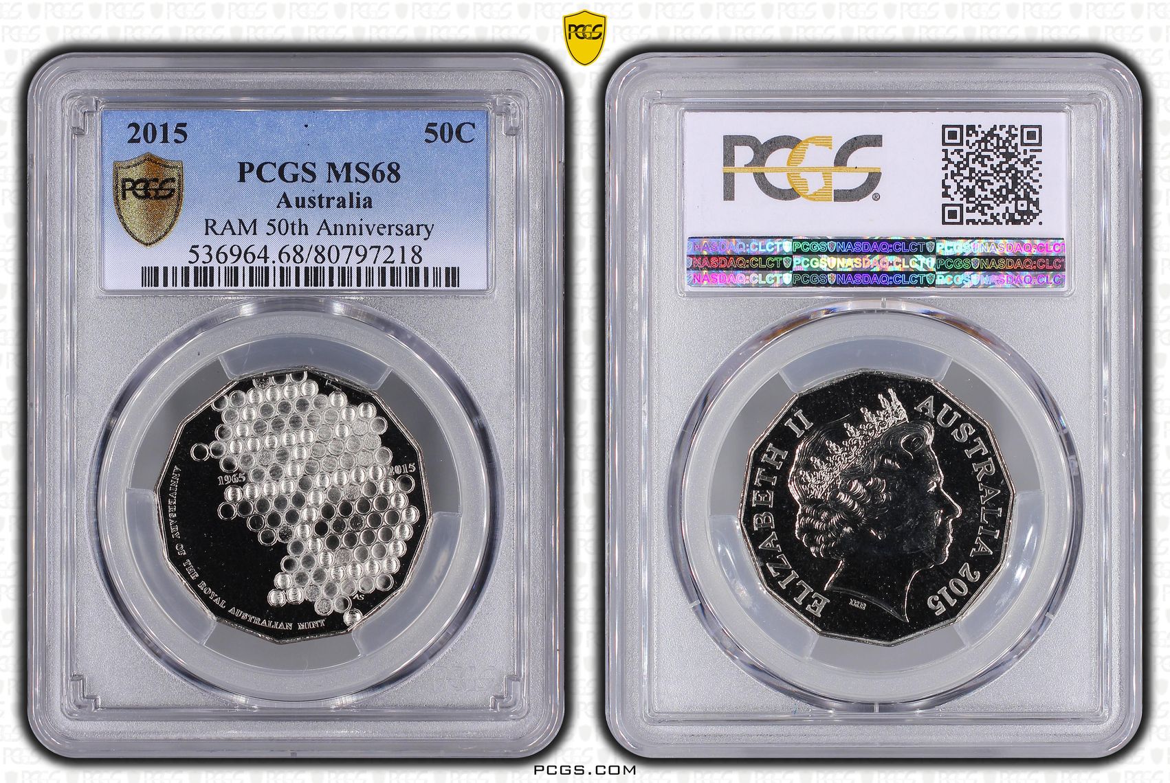 348 · RAM 50th Anniversary, Fifty Cent, 2015, PCGS MS68