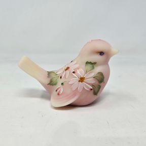 Fenton Pink Burmese Glass Hand Painted Signed Bird