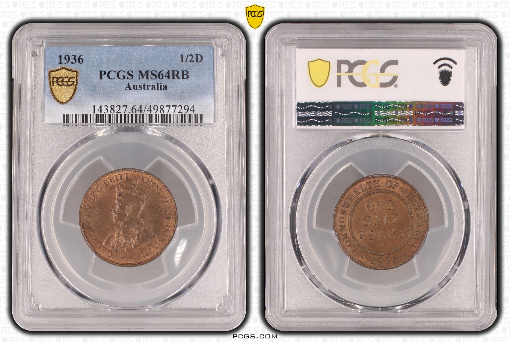 George V, , Halfpenny, 1936, PCGS MS64RB