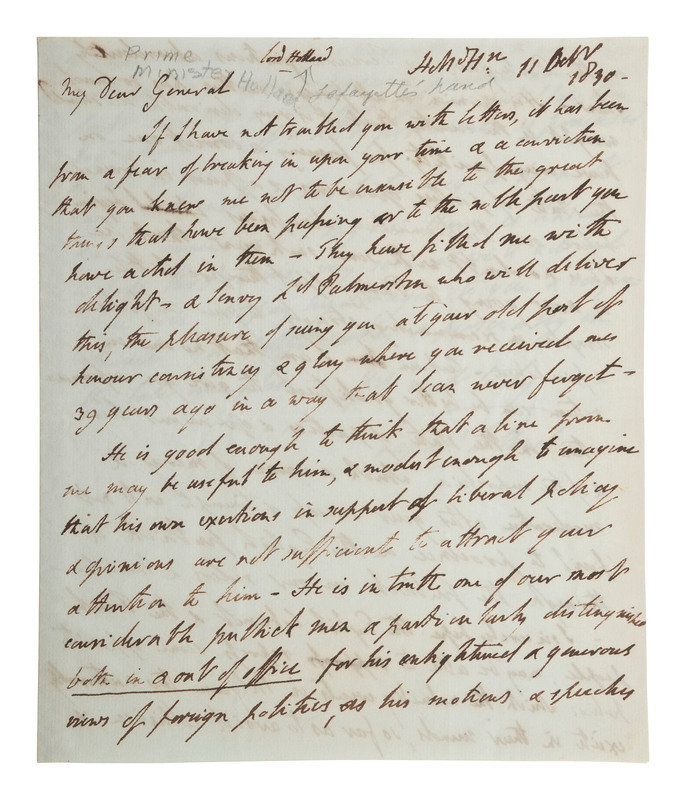 LAFAYETTE, Marie Joseph Paul Yves Roch Gilbert du Motier, Marquis de (1757-1834). Two-word annotation ("Lord Holland"), accomplished on:   