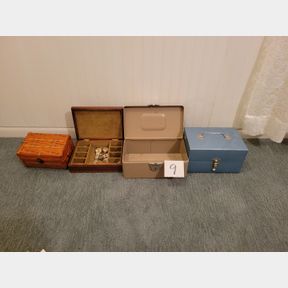 Assorted metal and wood boxes with a few jewelry trinkets