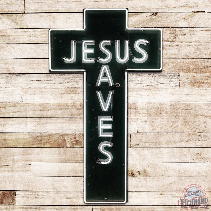 Jesus Saves 7.5' Die Cut Cross Shaped Single Sided Tin Neon
