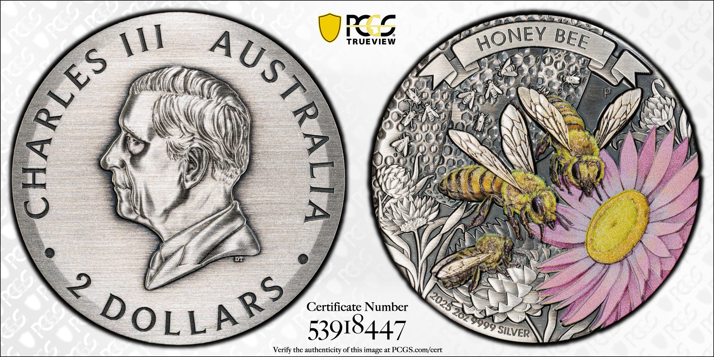418 · Honey Bee 2oz Silver Antiqued, Colourised, 19/0, Two Dollar, 2025-P,  SP70