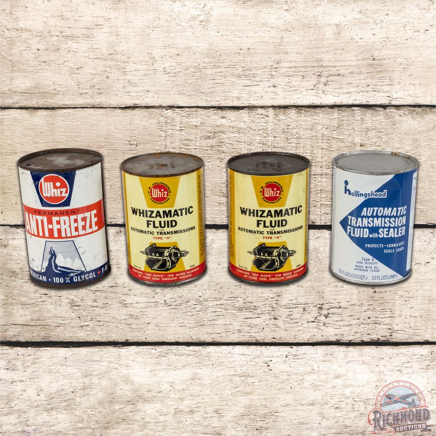 Group of 4 Whiz Oil Cans Quarts Liter & Burglar Alarm