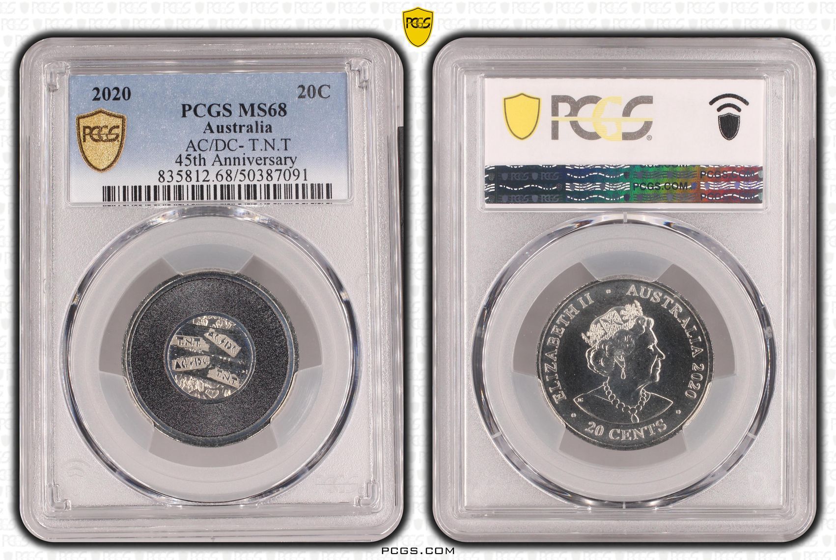 156 · Elizabeth II, AC/DC- T.N.T 45th Anniversary , Twenty Cent, 2020, PCGS MS68