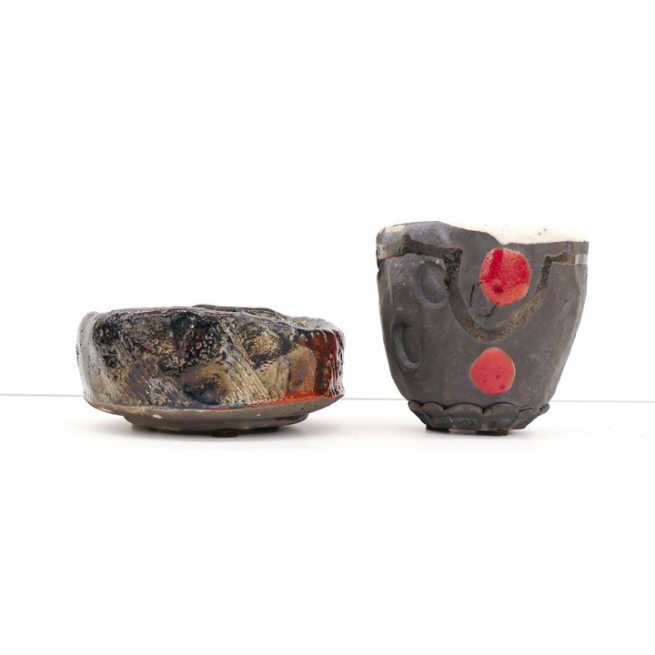2pc Ray Ho Raku Pottery Tea Cup and Bowl 3'' to 4''