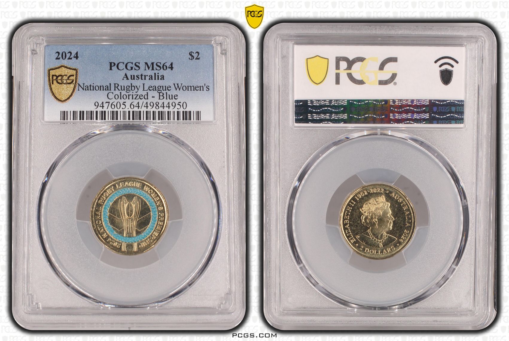 National Rugby League Women's Colourised - Blue, Two Dollar, 2024, PCGS MS64