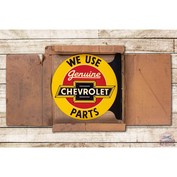 NOS We Use Chevrolet Genuine Parts Tin Flange Sign, Water Decal & Original Box TAC 9.25