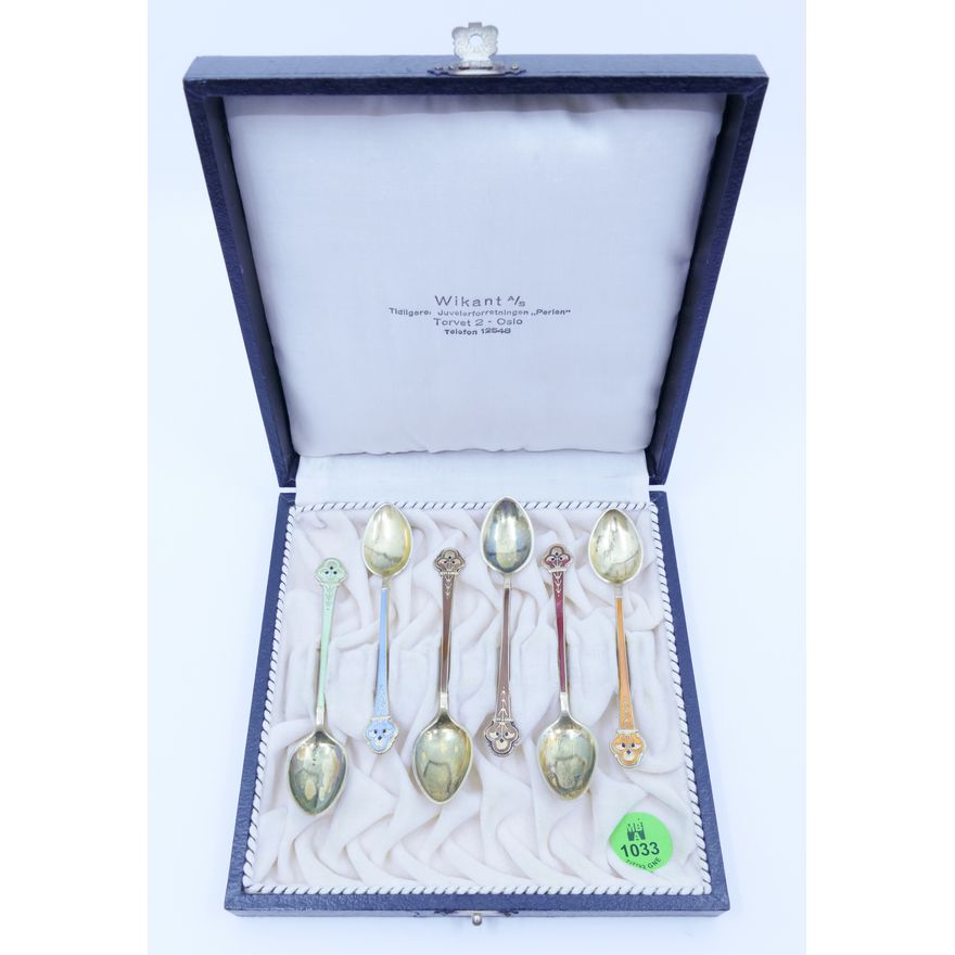 Set Bernard Meldahl Norwegian Enameled Sterling Demi Spoons in Box