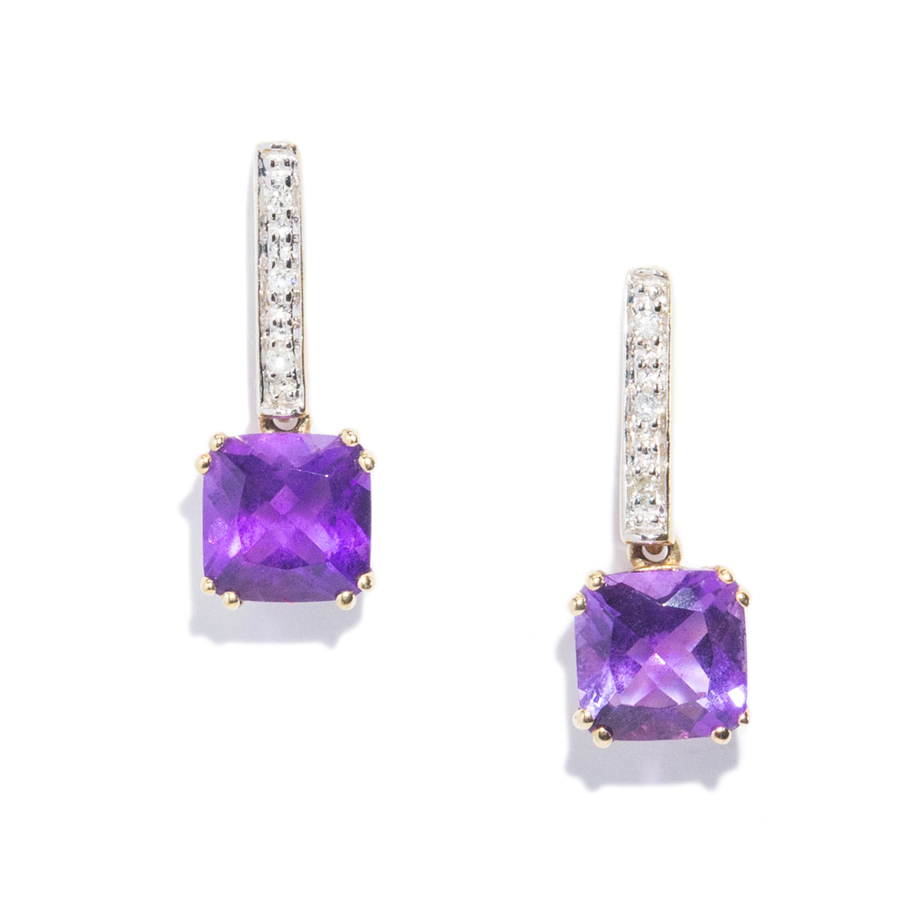 31 · Cushion Amethyst & Diamond Drop Earrings 10 Carat Gold