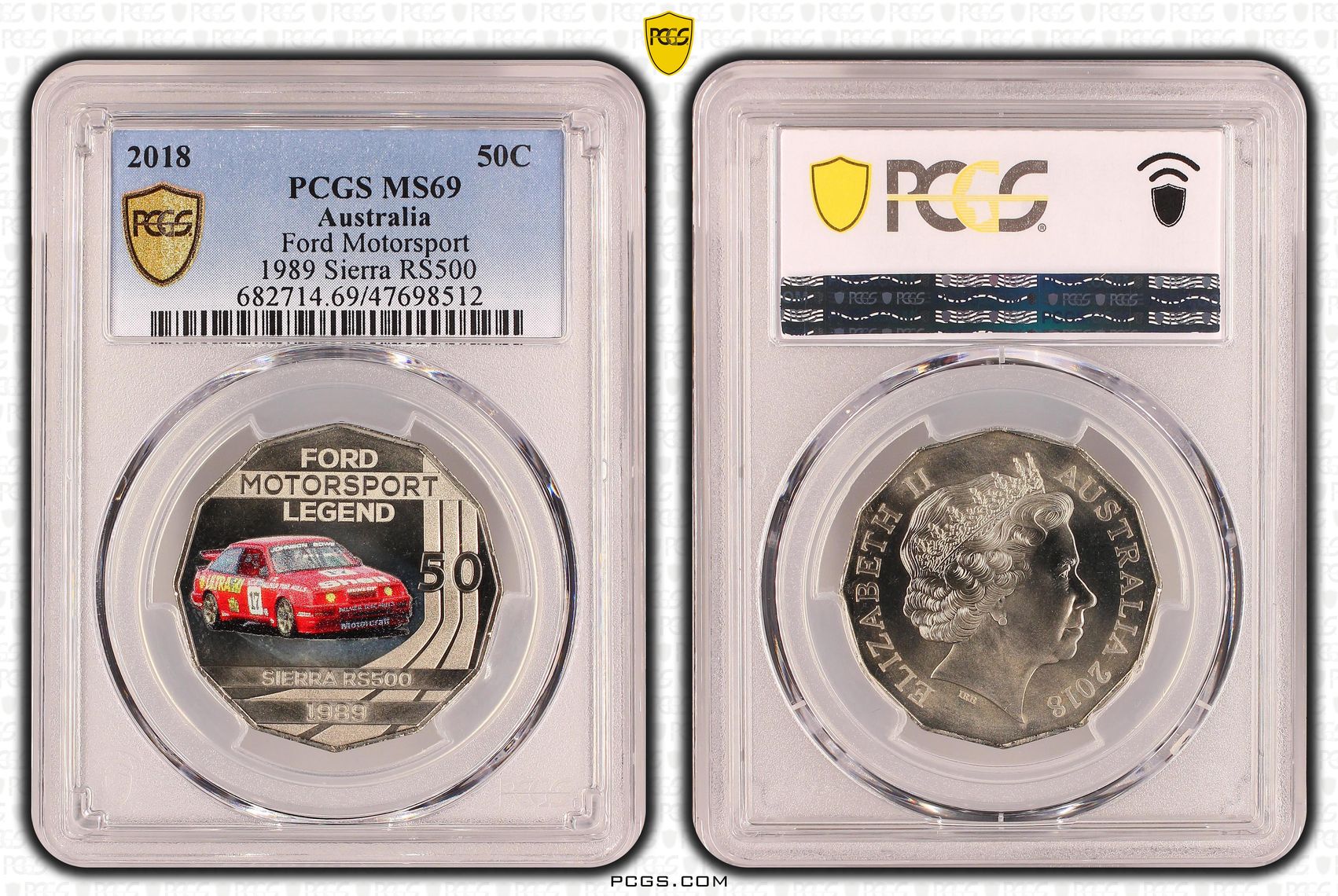 Elizabeth II, Ford Motorsport - 1989 Sierra RS500, Fifty Cent, 2018, PCGS MS69