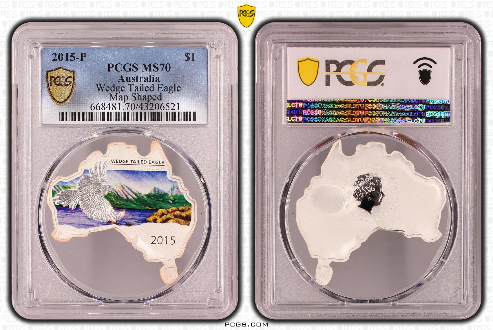 2015-P Australia One Dollar, $1 Silver Wedge Tailed Eagle Map Shaped PCGS - MS70 POP 3/0 -521