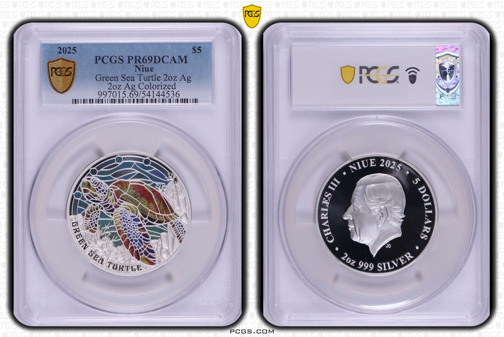 250 · Niue, Green Sea Turtle 2oz Silver Colourised, Five Dollar, 2025, PCGS PR69DCAM