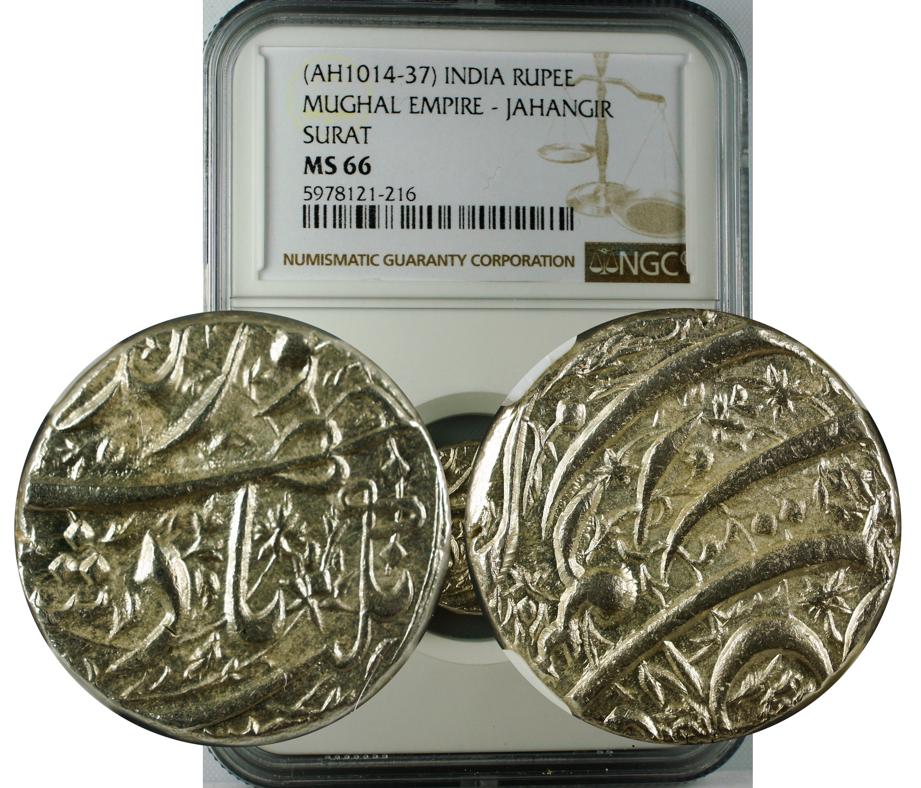 AH 1014-37 INDIA RUPEE MUGHAL-JAHANGIR SURAT MS66