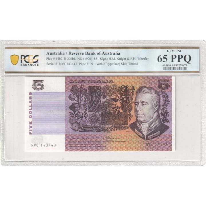 1976 Australia $5 Banknote Knight/Wheeler Gem Unc 65 PPQ  - R.206bL