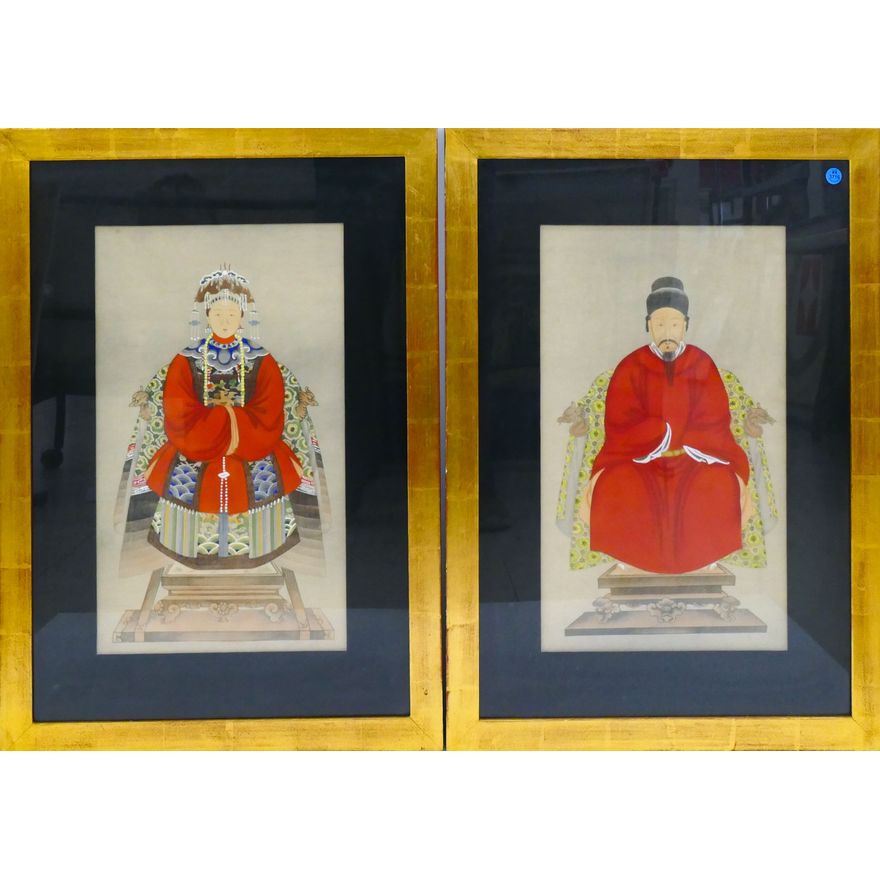 Pair Vintage Chinese Ancestral Prints Framed 28''x21''