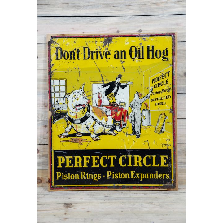 Perfect Circle Piston Rings w/ Hog Chained to Car Single Sided Tin Embossed Metal Sign TAC 6
